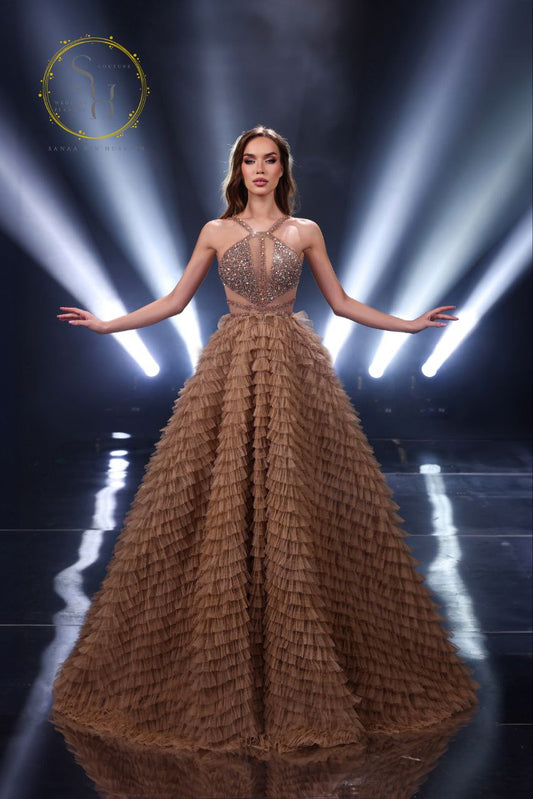 Nude Lebanese Designer Dress – Two Flared Styles with Ruffles and Beaded Bodice – New 2025 Collection