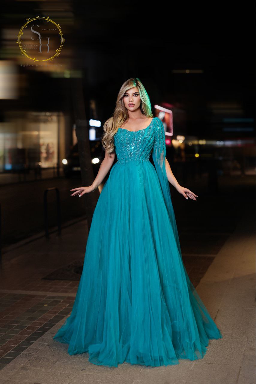 Luxury Lebanese Dress with One Long Shoulder Sleeve and Fully Beaded Bodice Latest Design