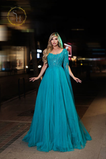 Luxury Lebanese Dress with One Long Shoulder Sleeve and Fully Beaded Bodice Latest Design