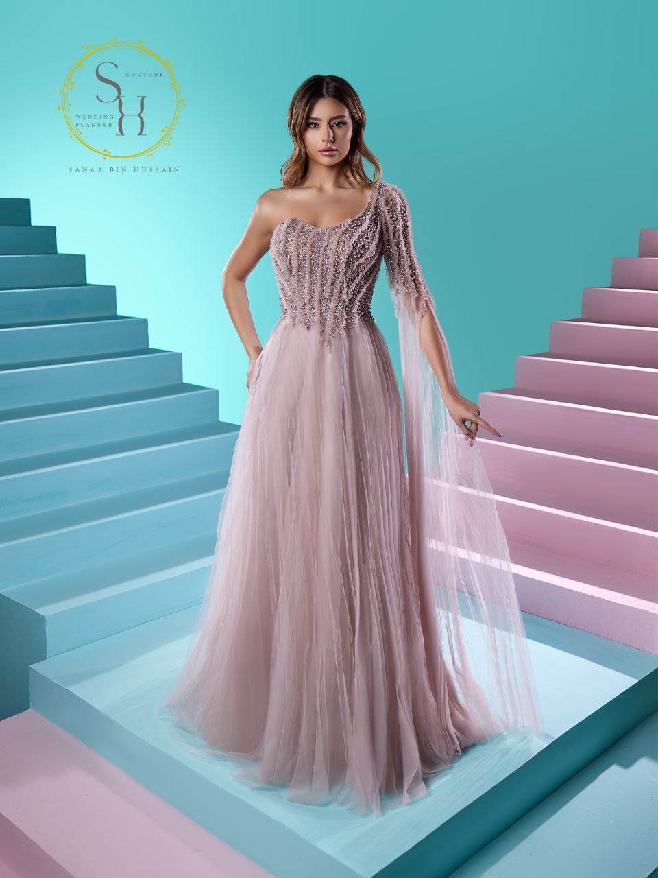 Luxury Lebanese Dress with One Long Shoulder Sleeve and Fully Beaded Bodice Latest Design