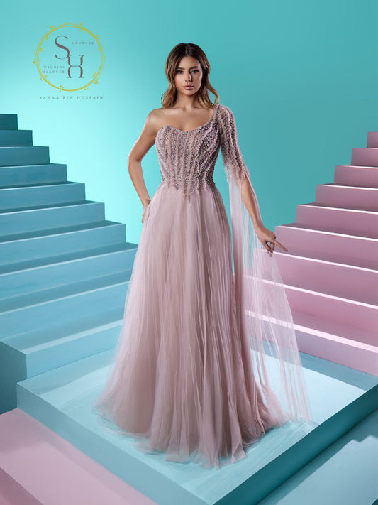 Luxury Lebanese Dress with One Long Shoulder Sleeve and Fully Beaded Bodice Latest Design
