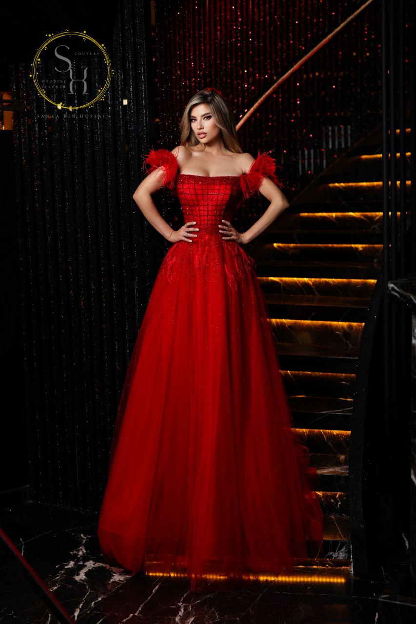 Red & Nude Strapless Lebanese Flared Dress with Feather Sleeves and Full Beadwork  Latest Design