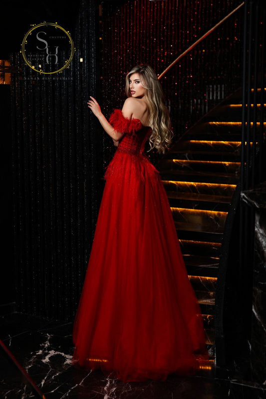 Red & Nude Strapless Lebanese Flared Dress with Feather Sleeves and Full Beadwork  Latest Design