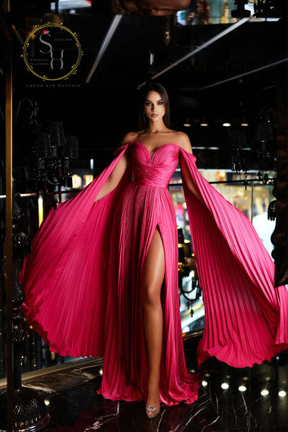 Fuchsia Ruched Satin Dress with Statement Sleeves and High Slit