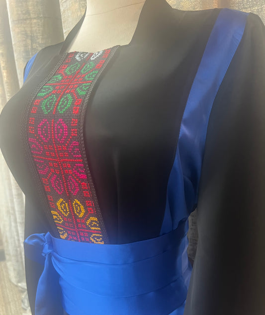 Modern Palestinian Thoob in Habar Fabric Black Ink and Royal Blue with Multicolor Embroidery