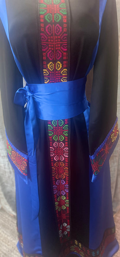 Modern Palestinian Thoob in Habar Fabric Black Ink and Royal Blue with Multicolor Embroidery