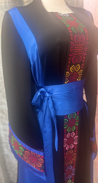 Modern Palestinian Thoob in Habar Fabric Black Ink and Royal Blue with Multicolor Embroidery