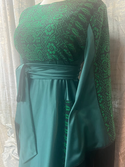Green Modern Palestinian Thoob with Wide Cloches, Wide Sleeves, and Handmade Embroidery