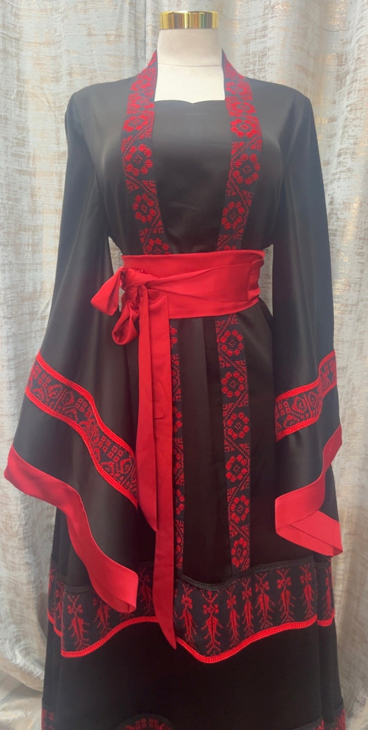 Palestinian Thoob Mix of Black and Red Habar Fabric with Handmade Embroidery