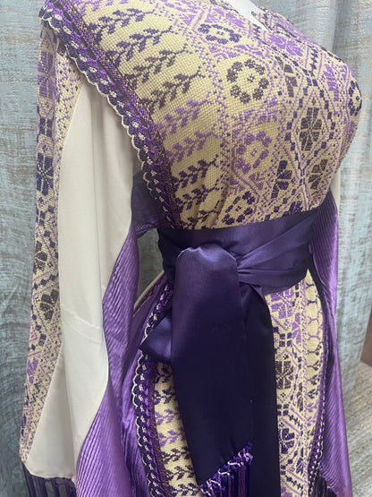 White Handmade Palestinian Thoob in Crepe and Purple Lame Modern Meets Traditional