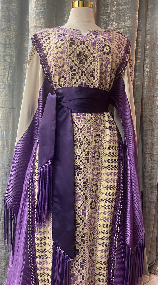 White Handmade Palestinian Thoob in Crepe and Purple Lame Modern Meets Traditional