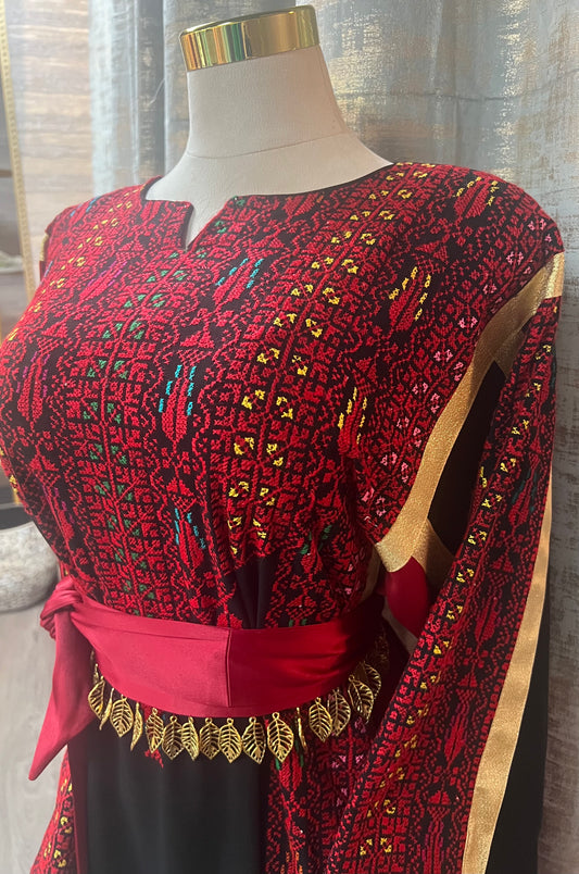 Black Crepe Palestinian Thoob with Red Handmade Embroidery and Gold Metallic Lines