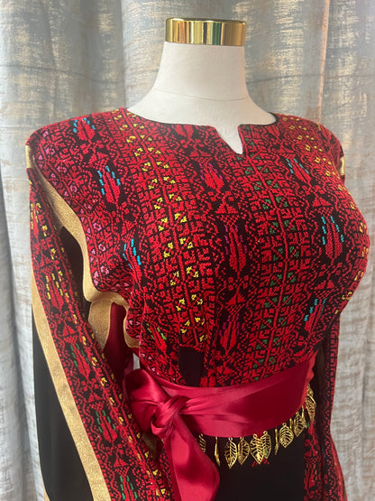 Black Crepe Palestinian Thoob with Red Handmade Embroidery and Gold Metallic Lines