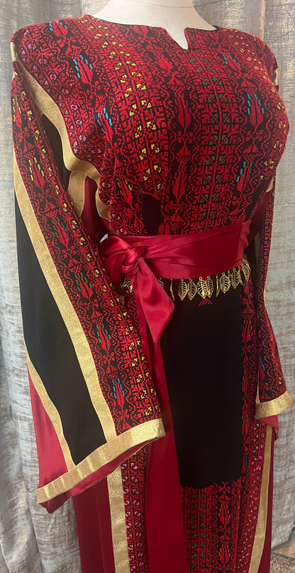 Black Crepe Palestinian Thoob with Red Handmade Embroidery and Gold Metallic Lines