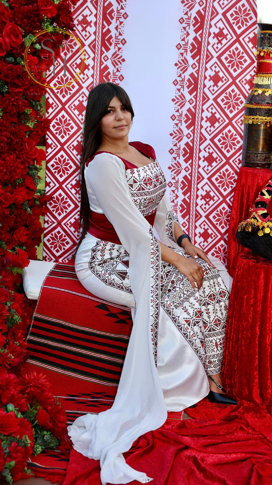 White Palestinian Thoob Embroidery in Red Black and Gold with Chiffon Sleeves