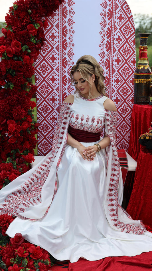 Palestinian Thoob Red Embroidery Long Embroidered Sleeves with Chiffon