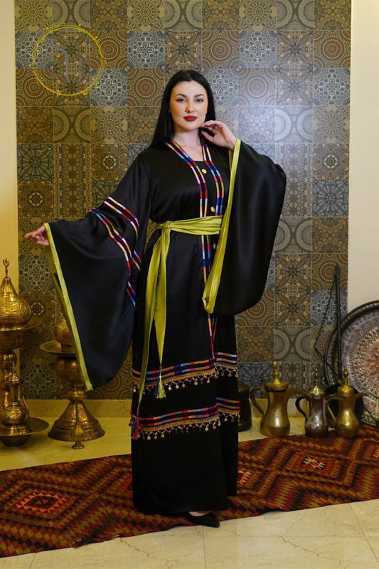 Jordanian Thoob in Habar and Pistachio Satin with Manajel Embroidery and Wide Sleeves