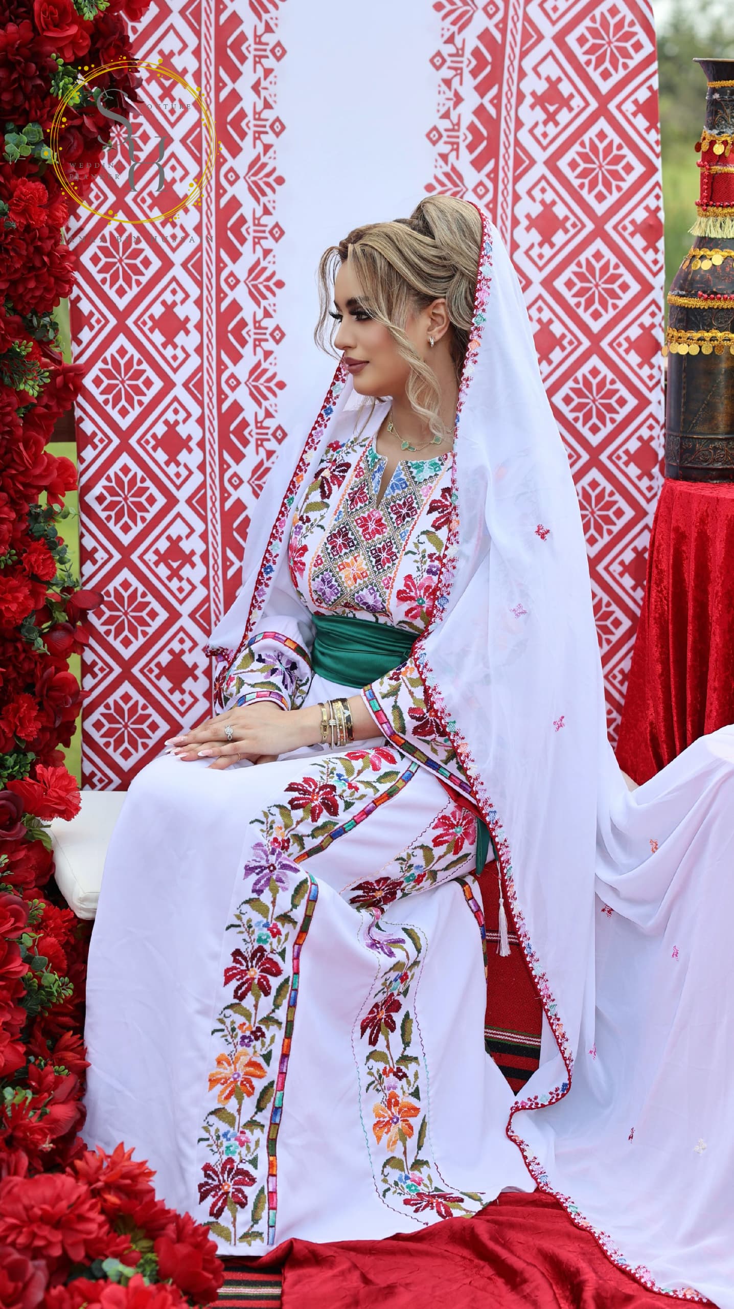 White Palestinian Thoob in Crepe Fabric with Handmade Green and Pastel Embroidery Belt and Scarf