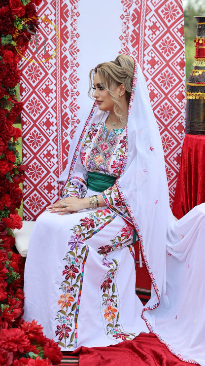 White Palestinian Thoob in Crepe Fabric with Handmade Green and Pastel Embroidery Belt and Scarf