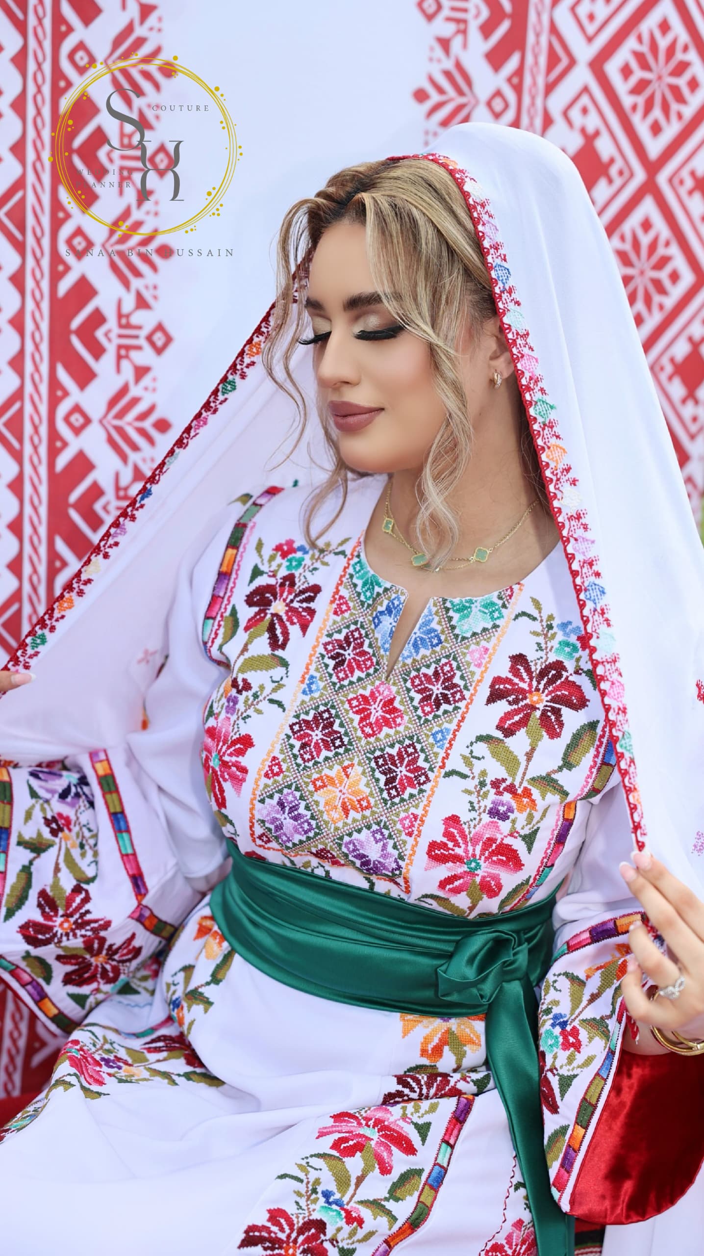 White Palestinian Thoob in Crepe Fabric with Handmade Green and Pastel Embroidery Belt and Scarf