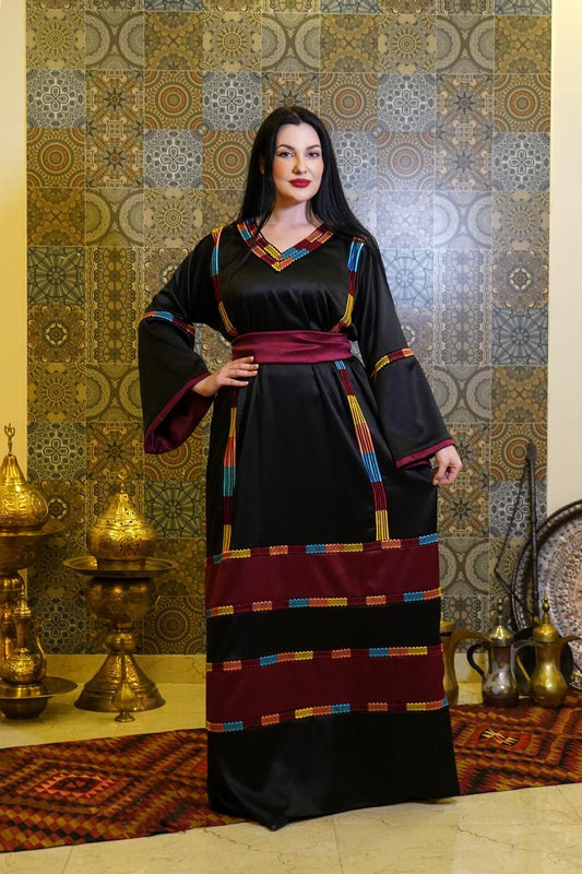 Palestinian Top Ink Fabric & Burgundy Satin Mix with Manajel Embroidery