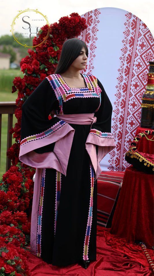 Jordanian Thob  Satin & Black Ink Mix with Pink Embroidery, Square Neckline