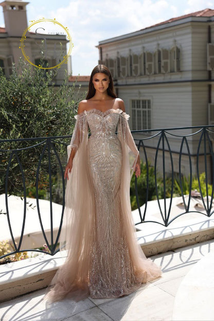 Baby Blue Lebanese Designer Strapless Dress with Beaded Voile Sleeves .
