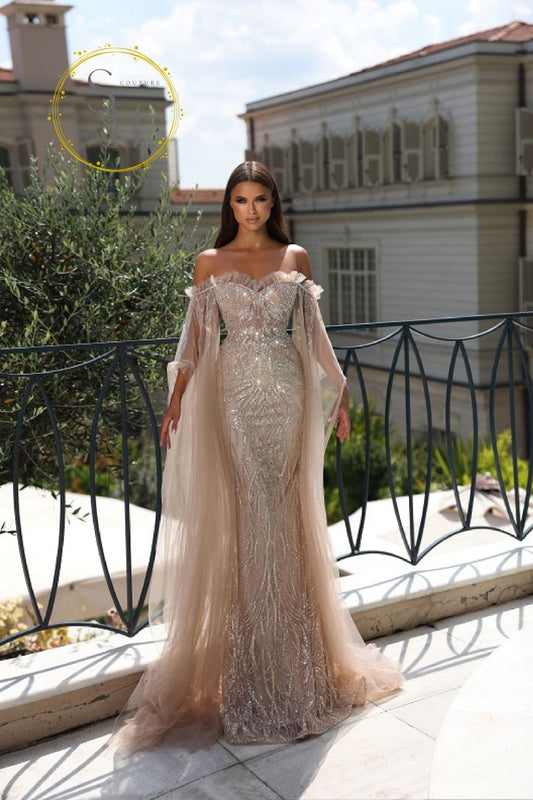 Baby Blue Lebanese Designer Strapless Dress with Beaded Voile Sleeves .