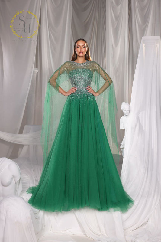 Flared Lebanese Dress with Beaded Bodice Elegant Evening Gown