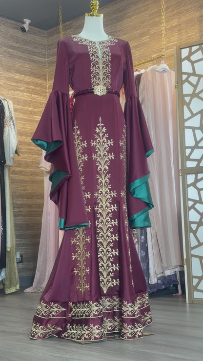 Burgundy Qasab Embroidered Couture Gown