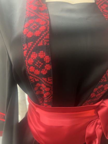 Palestinian Thoob Mix of Black and Red Habar Fabric with Handmade Embroidery