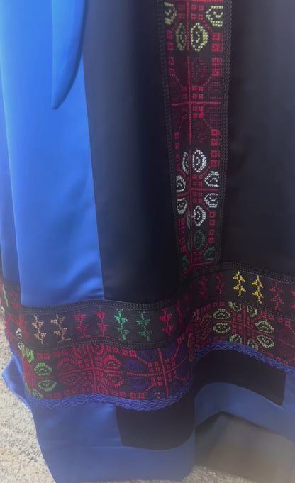 Modern Palestinian Thoob in Habar Fabric Black Ink and Royal Blue with Multicolor Embroidery