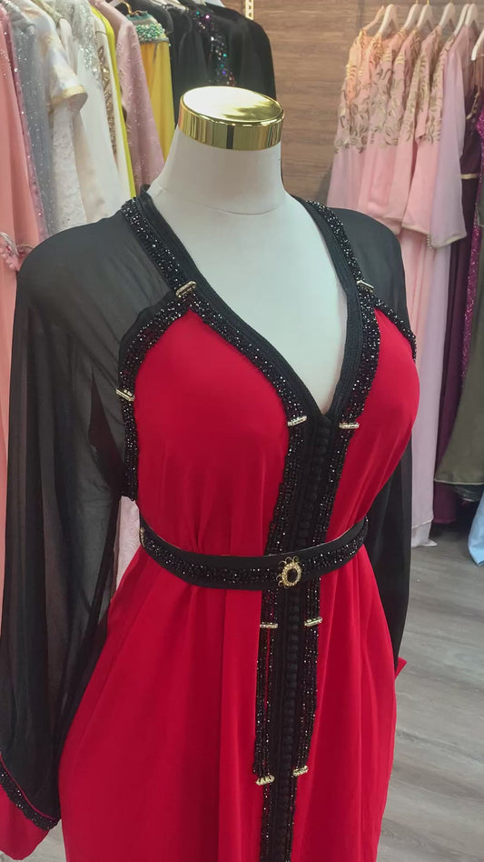 Elegant Moroccan Caftan with Flowing Sleeves – Red & Light Mauve | Luxury Black Crystals