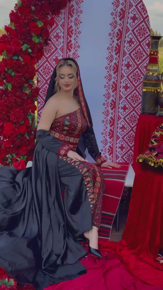 Palestinian Thobe Black Satin 2-Piece with Red Embroidery /Traditional & Modern Palestinian Dress