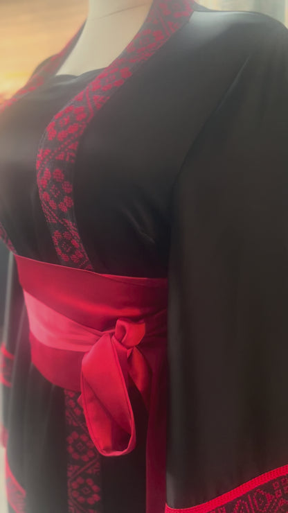 Palestinian Thoob Mix of Black and Red Habar Fabric with Handmade Embroidery