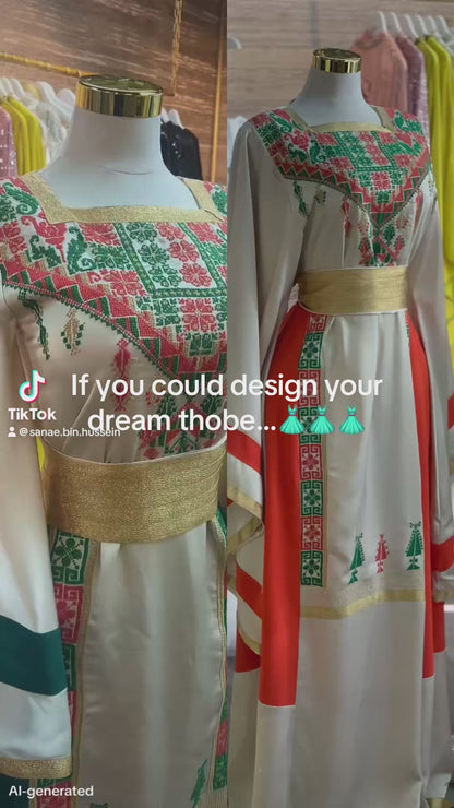 Luxury Beige Palestinian Thobe in Marlin Fabric with Exquisite Handcrafted Orange & Green Embroidery