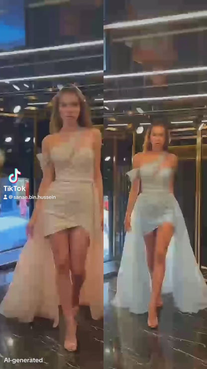 Couture Short Lebanese Dress with Multicolor Beading & Shawah Tail