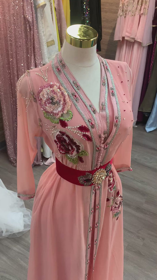 Elegant Pink Moroccan Caftan with Red Embroidery & Three-Quarter Sleeves
