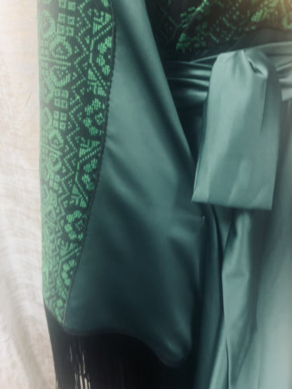Green Modern Palestinian Thoob with Wide Cloches, Wide Sleeves, and Handmade Embroidery