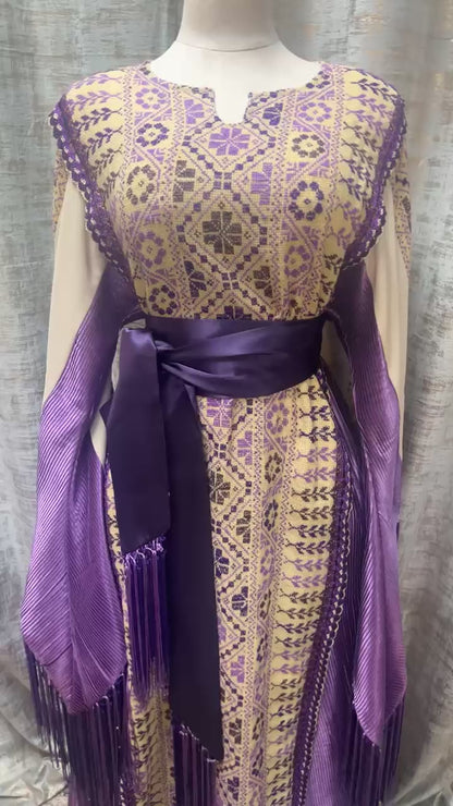 White Handmade Palestinian Thoob in Crepe and Purple Lame Modern Meets Traditional