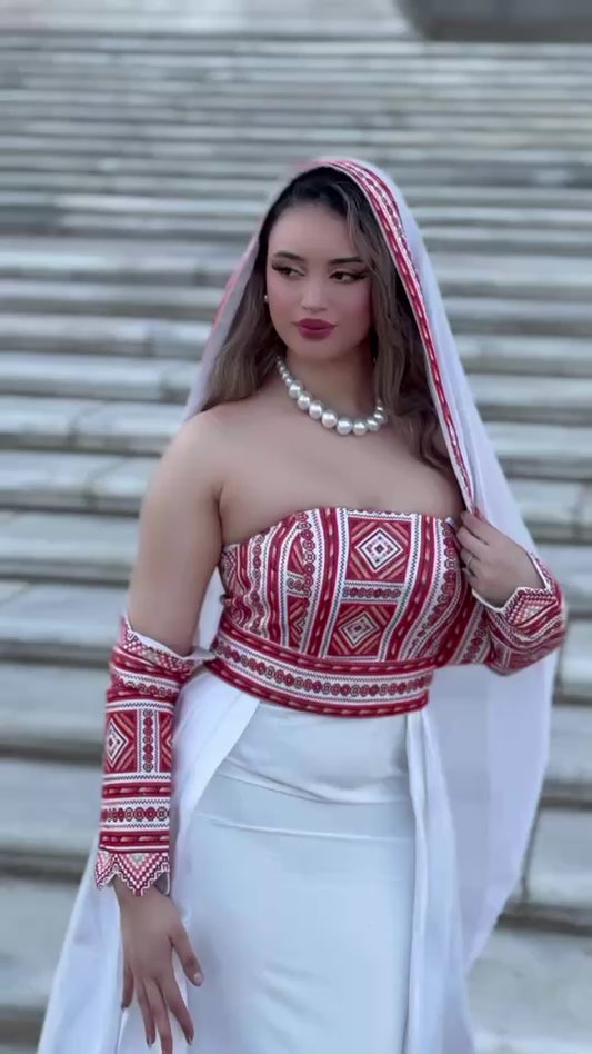 Modern Palestinian Henna Dress with Embroidery & Overskirt – Red Mikado Fabric