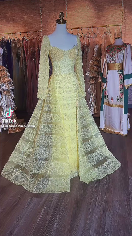 Luxury Lebanese Yellow Dress with Gem Embellishments – Flowing Overskirt & Shawl