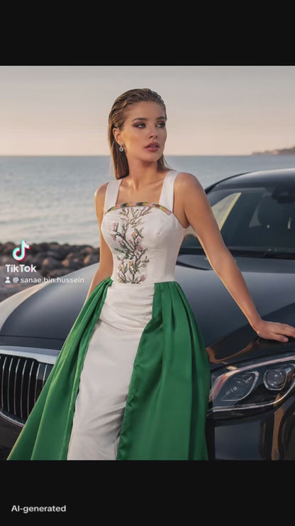 Ivory & Emerald Embroidered Gown with Overskirt