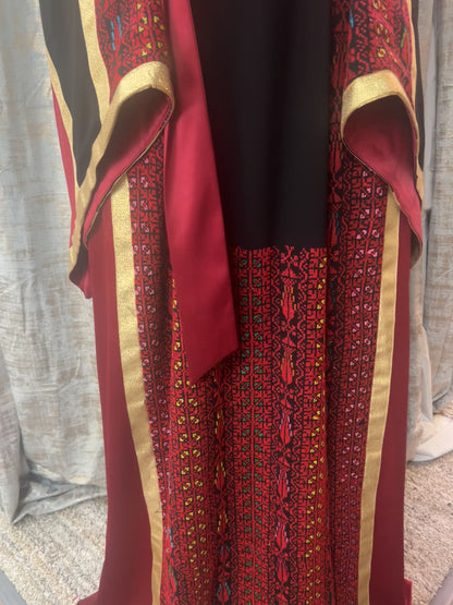 Black Crepe Palestinian Thoob with Red Handmade Embroidery and Gold Metallic Lines