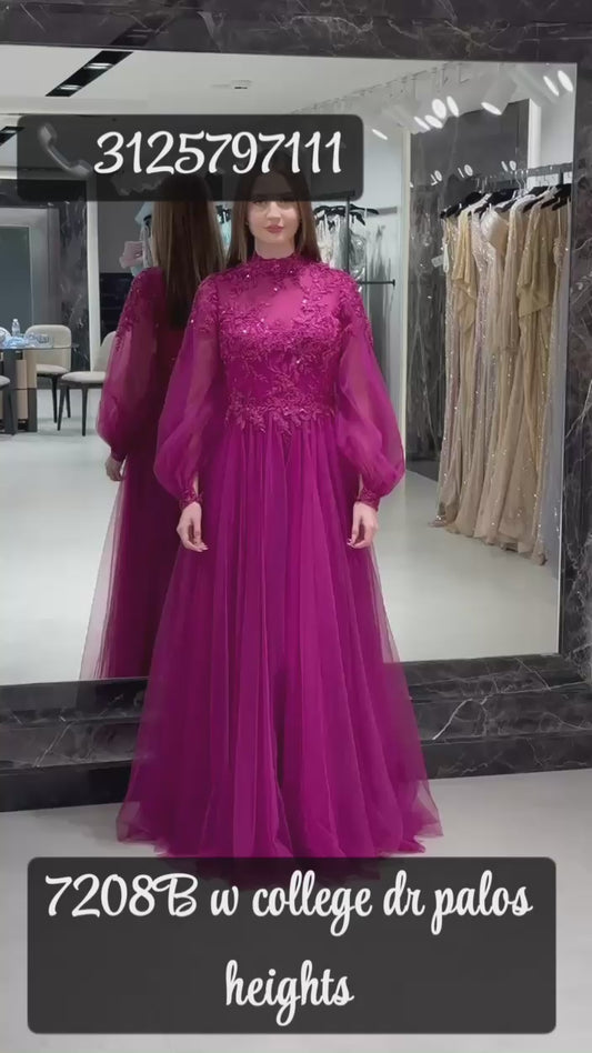 Layered Tulle Dress with Long Sleeves – Vibrant Color & Luxurious Look