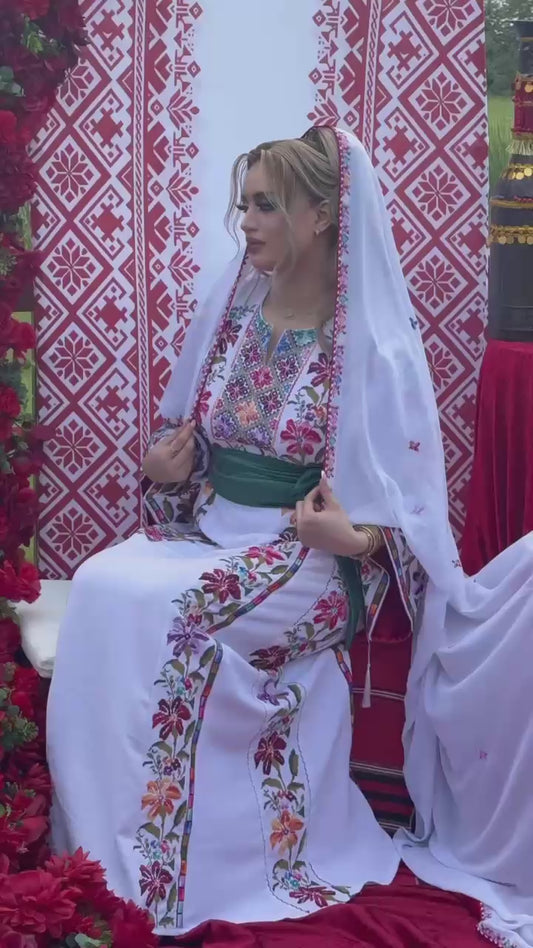 White Palestinian Thoob in Crepe Fabric with Handmade Green and Pastel Embroidery Belt and Scarf