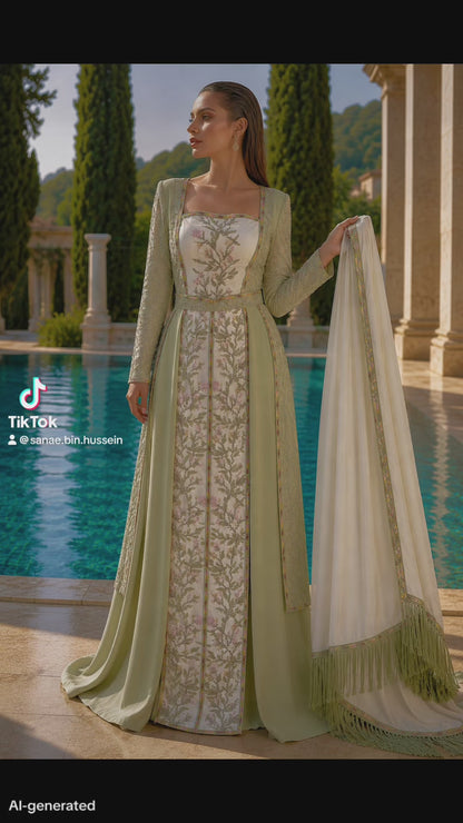 Sage Green Embroidered Couture Gown with Overskirt & Shawl