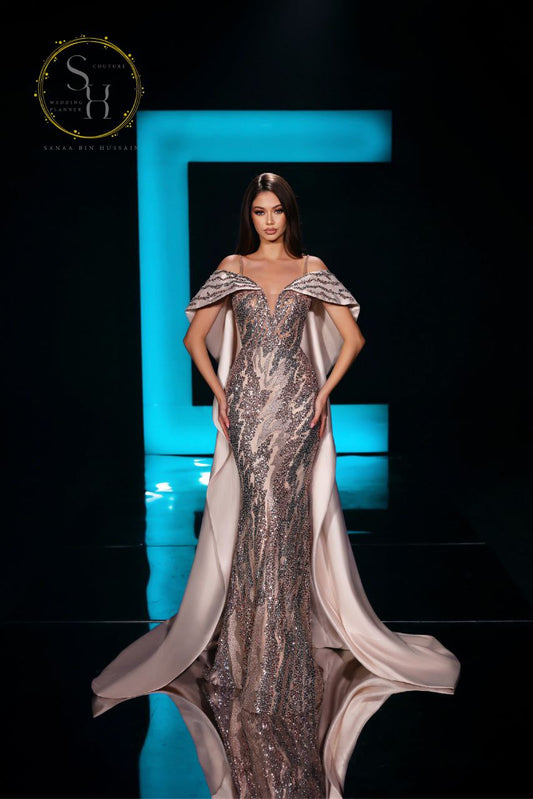 Nude Beige Lebanese Designer Evening Dress with Beaded & Paillette Details and Satin Shawl